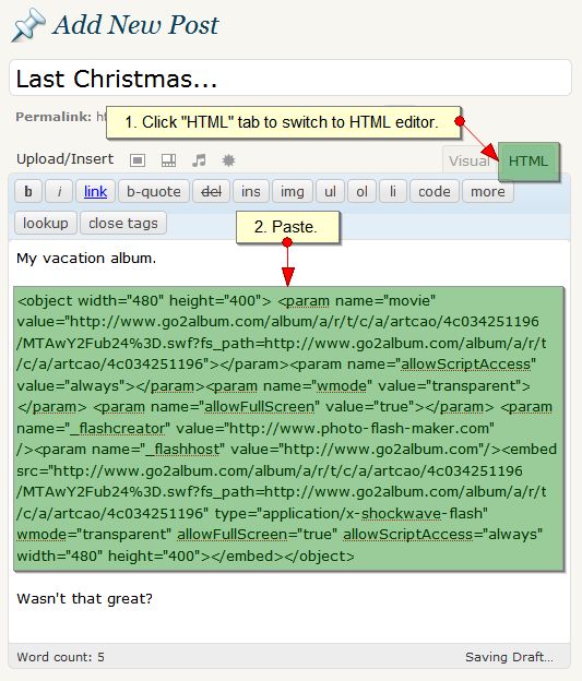 Add flash code in wordpress.