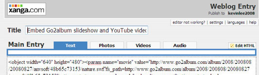 embed slideshow and youtube video on Xanga